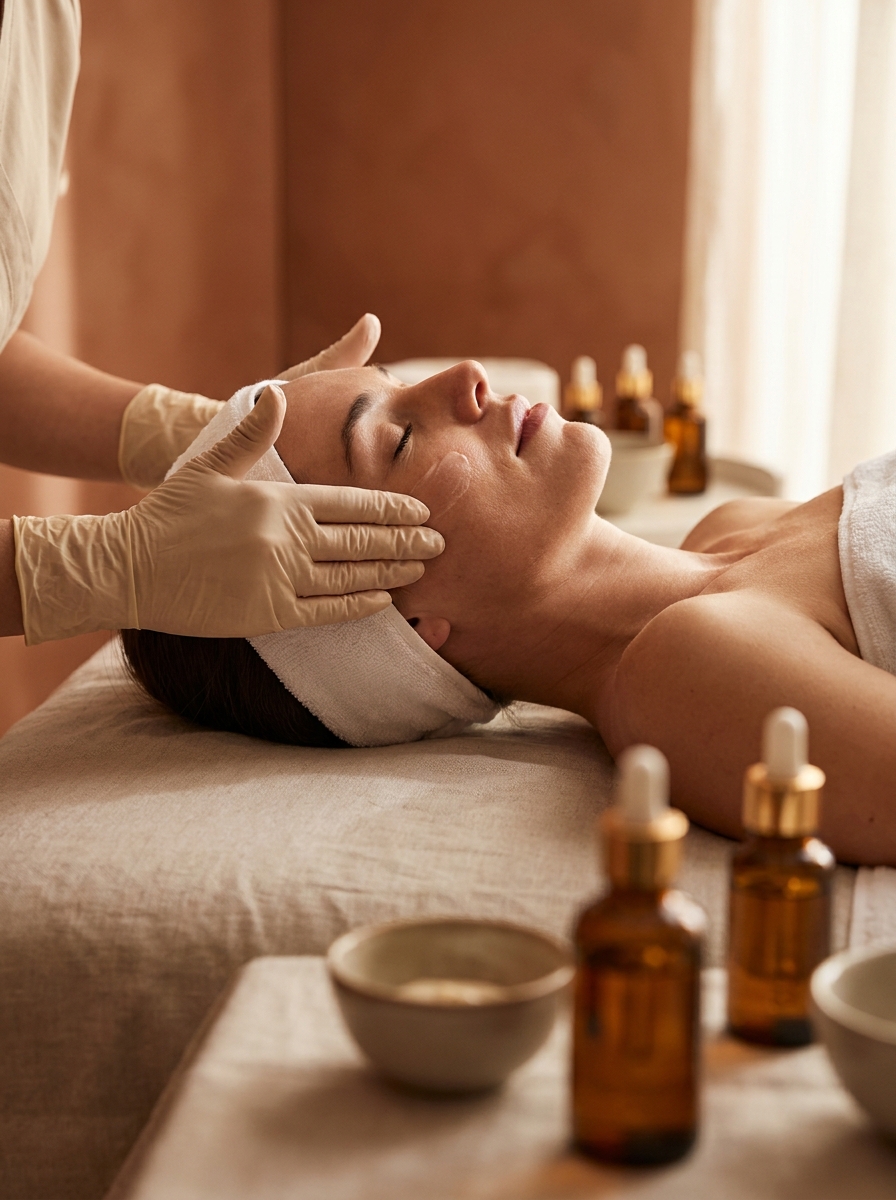 A client mid-facial in the treatment room, eyes closed under warm light.