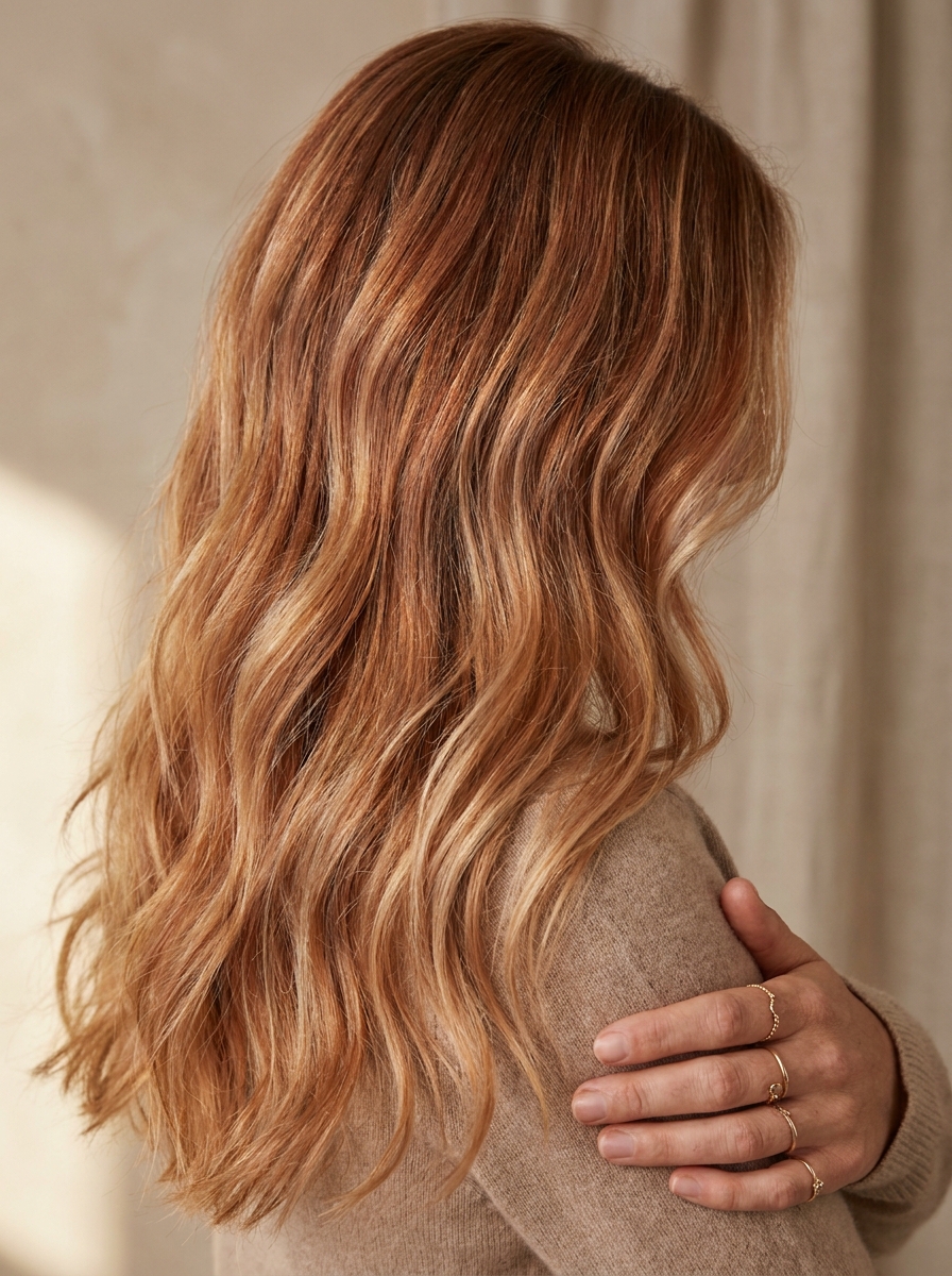 A finished blowout with soft waves, photographed at the salon window.