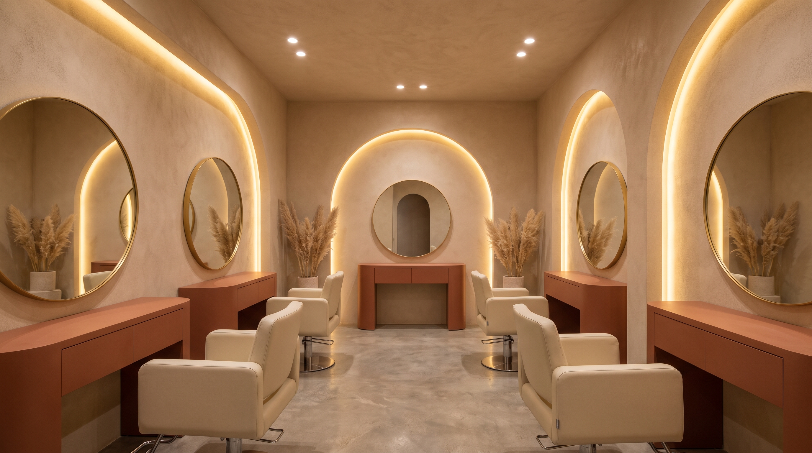 The styling floor at Beauty Goddess, with cane chairs, arched mirrors and olive trees along the window.