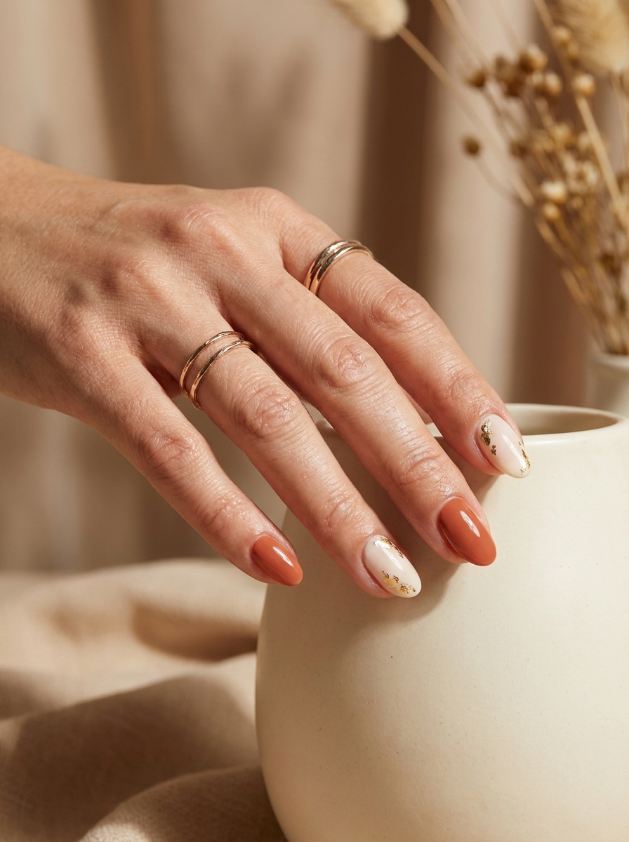 A close view of a finished neutral manicure resting on a linen towel.
