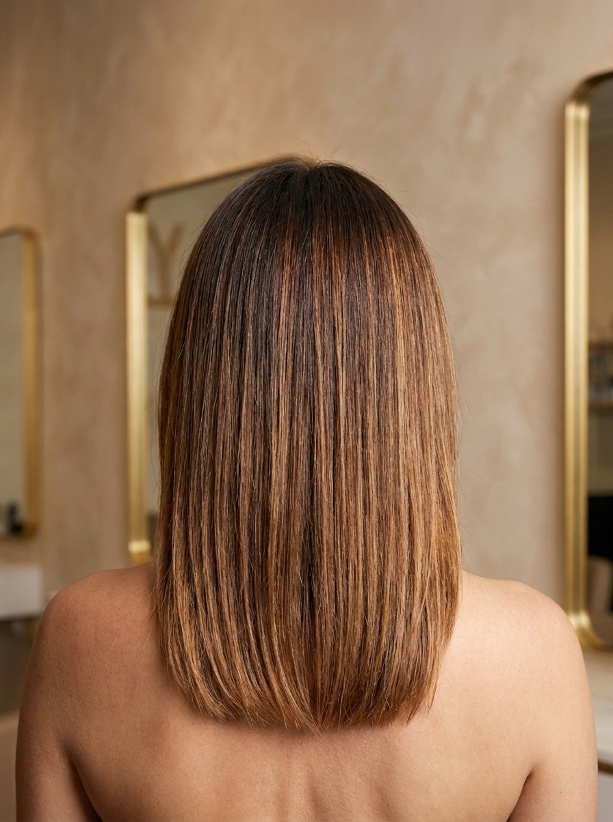 Before: a warm brown base with soft caramel dimension, blunt-cut and straight-set, seen from behind.